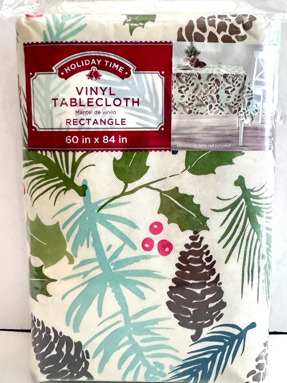 Holiday Time Vinyl Rectangle Tablecloth - Pinecone & Berries (White/Green)
